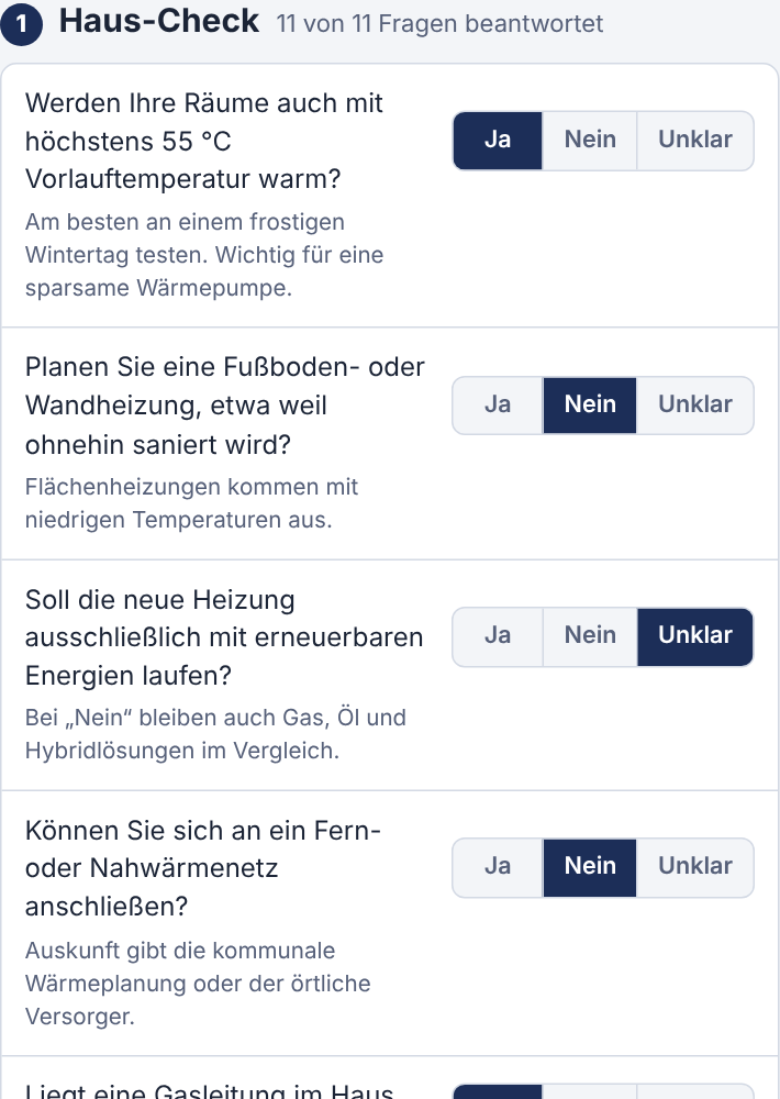 Haus-Check im Heizungs-Lotsen: Fragen mit Ja, Nein, Unklar
